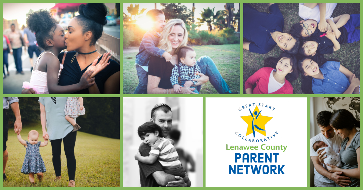 Photos of families interacting with the Lenawee Great Start Parent Network logo