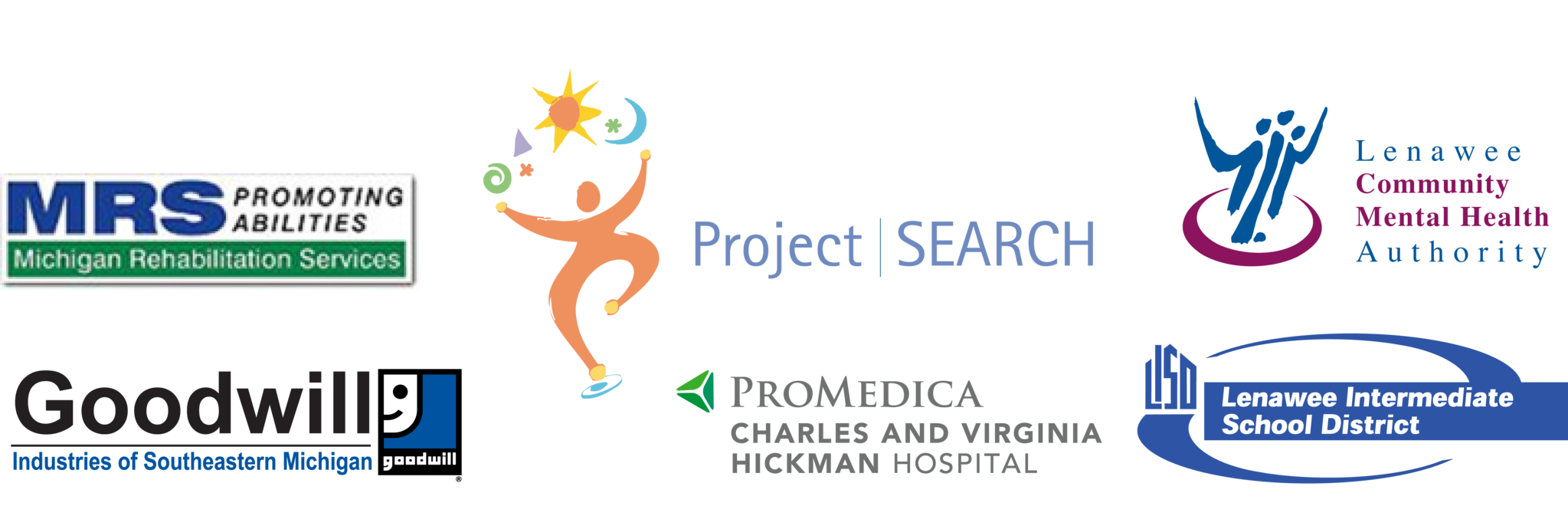 Logo Banner for Project SEARCH partners: Michigan Rehabilitation Services, Goodwill Industries of Southeastern Michigan, ProMedica Charles and Virginia Hickman Hospital, Lenawee Community Mental Health, and LISD